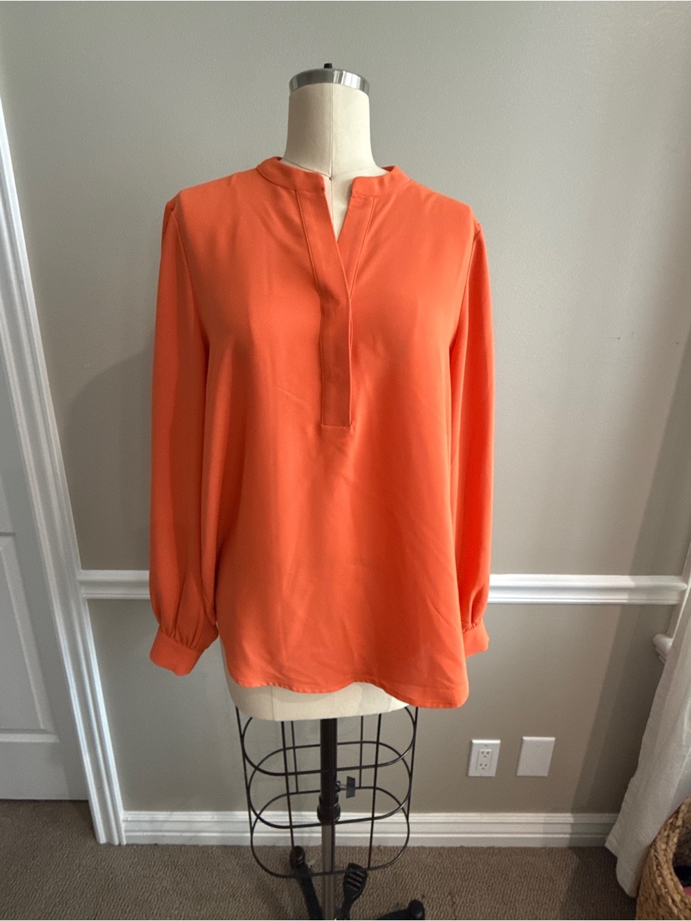Anne Klein Bright Orange Split-Neck Long Sleeve Blouse